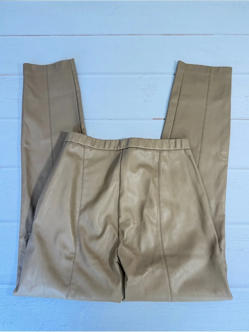 ZARA Faux Leather Pants Tan Straight Leg High Rise Size S